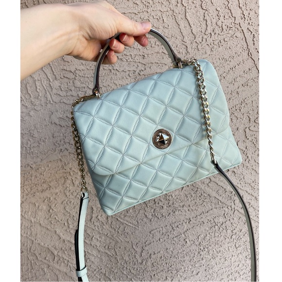 KATE SPADE Mint Blue Quilted Natalia Flap Satchel Bag w Top Handle Chain Strap - Picture 10 of 15